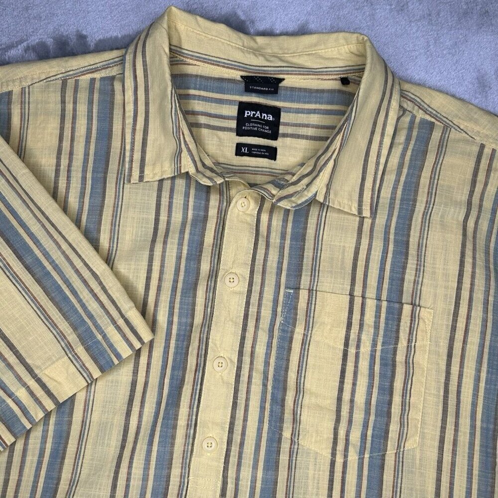 PrAna Shirt Mens Extra Large Yellow Stripe Standard Fit Popover Organic Cotton